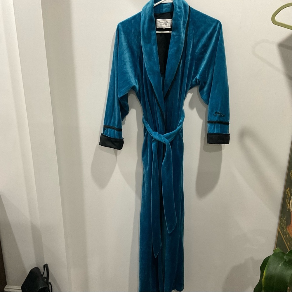 Christian Dior Monseieur, Unisex Vintage Velvet robe. Teal with Black trim.